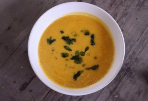 Butternut squash soup with thyme pesto oil