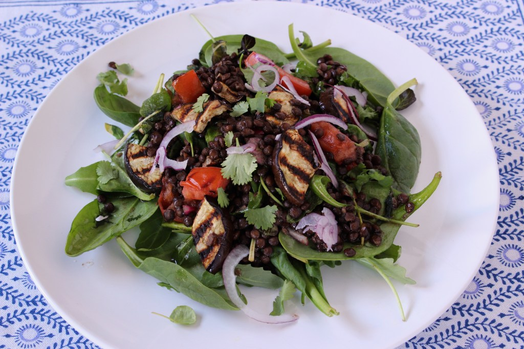 A warm salad of grilled aubergine and puy lentils