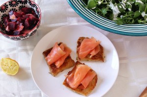 potato cakes, smoked salmon