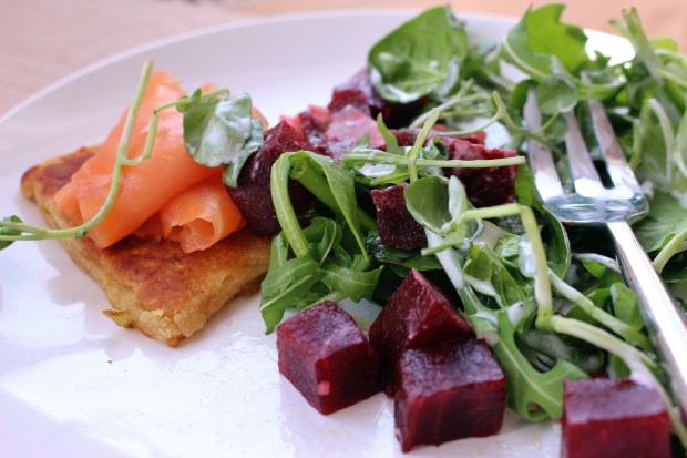 Potato cakes, smoked salmon, beetroot, ginger, watercress