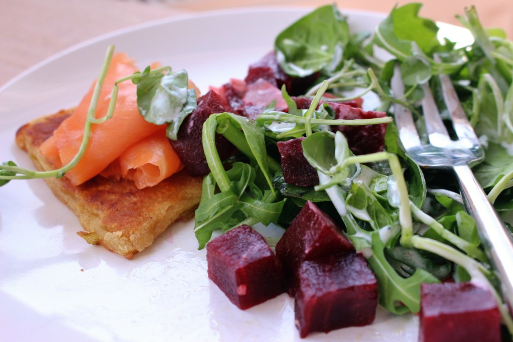 Potato cakes, smoked salmon, beetroot, ginger, watercress