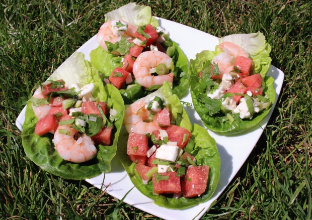prawn watermelon and feta wraps