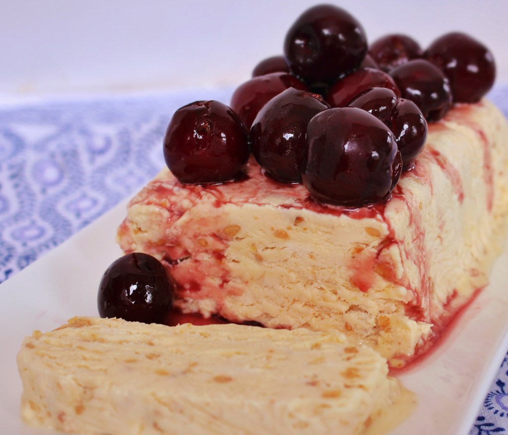 Turron semifreddo with marinated cherries