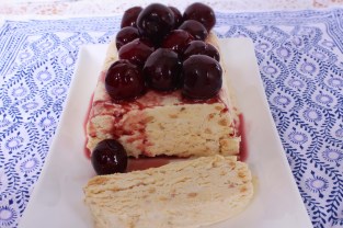 turron semifreddo with marinated cherries