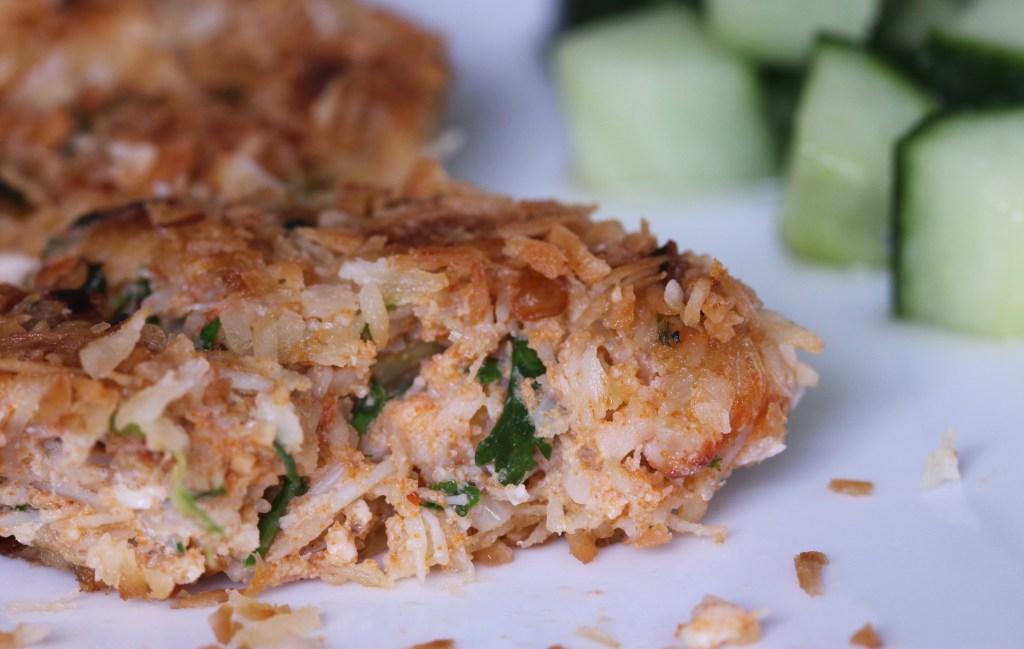 coconut crab cakes with sweet cucumber pickle