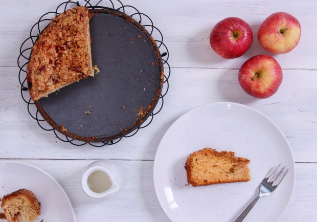 autumn apple cake with maple pecan crumble
