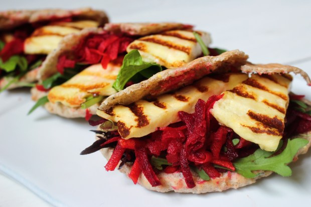 Grilled halloumi with beetroot, carrot, lemon and cumin salad